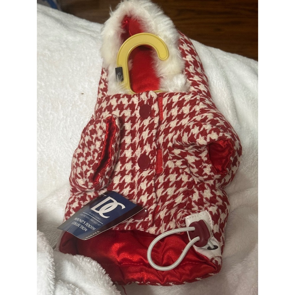 Dickens‎ Closet Red Houndstooth Pet Coat Faux Fur Hood Small Dog Jacket NWT